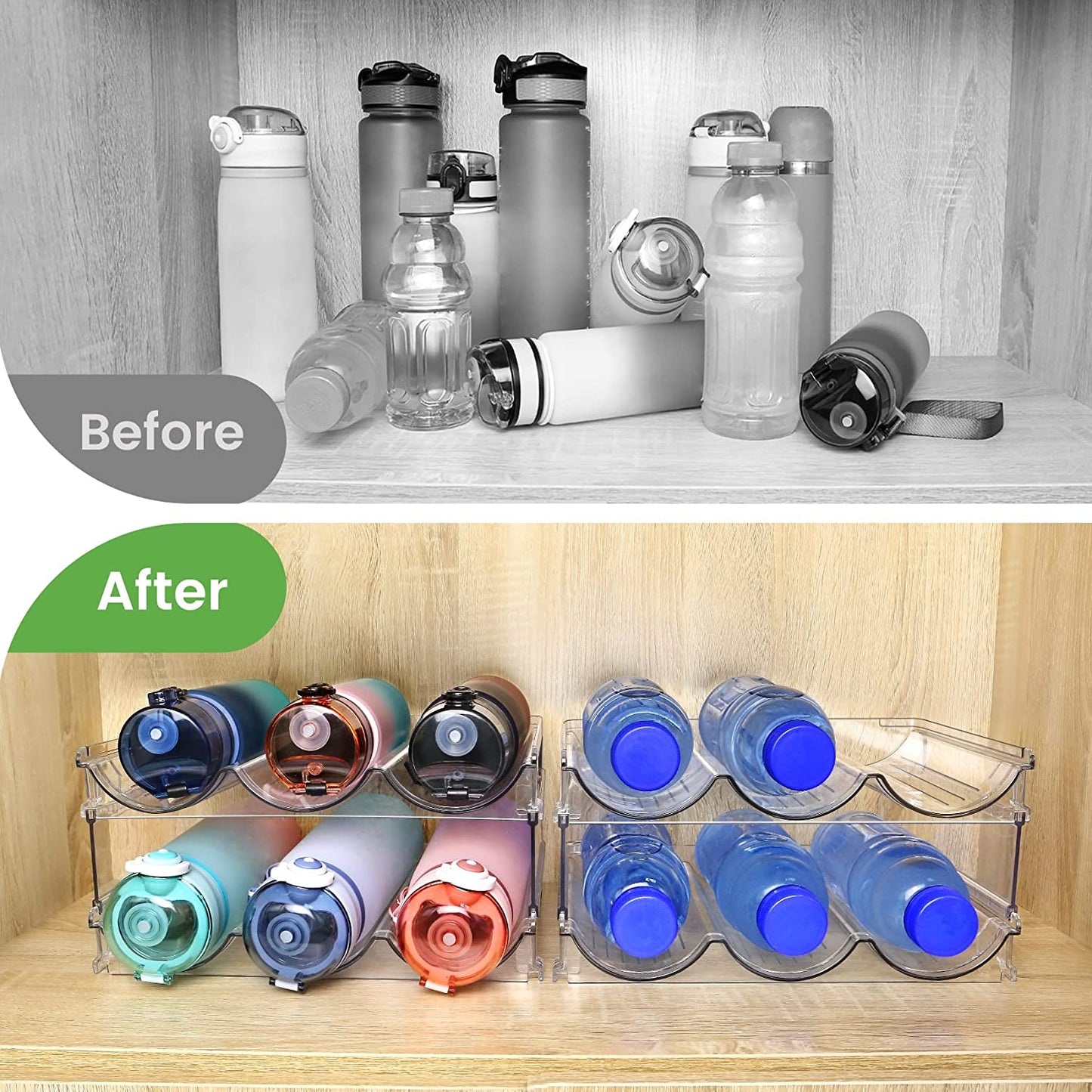 Water Bottle Storage Organizer - Set of 2 Stackable Racks for Cabinet Use
