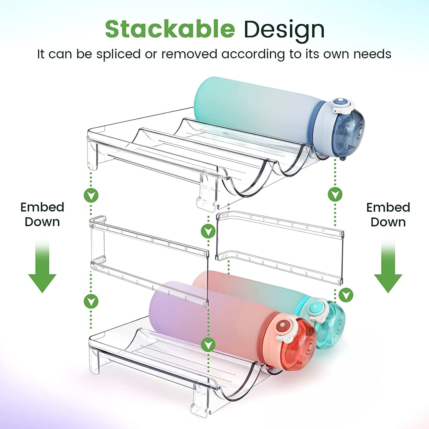 Water Bottle Storage Organizer - Set of 2 Stackable Racks for Cabinet Use