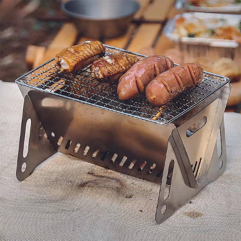 Portable Folding Barbecue Grill Heating Stoves Multifunction Camping BBQ Grill Rack Net Firewood Stove Stainless Steel BBQ Grill